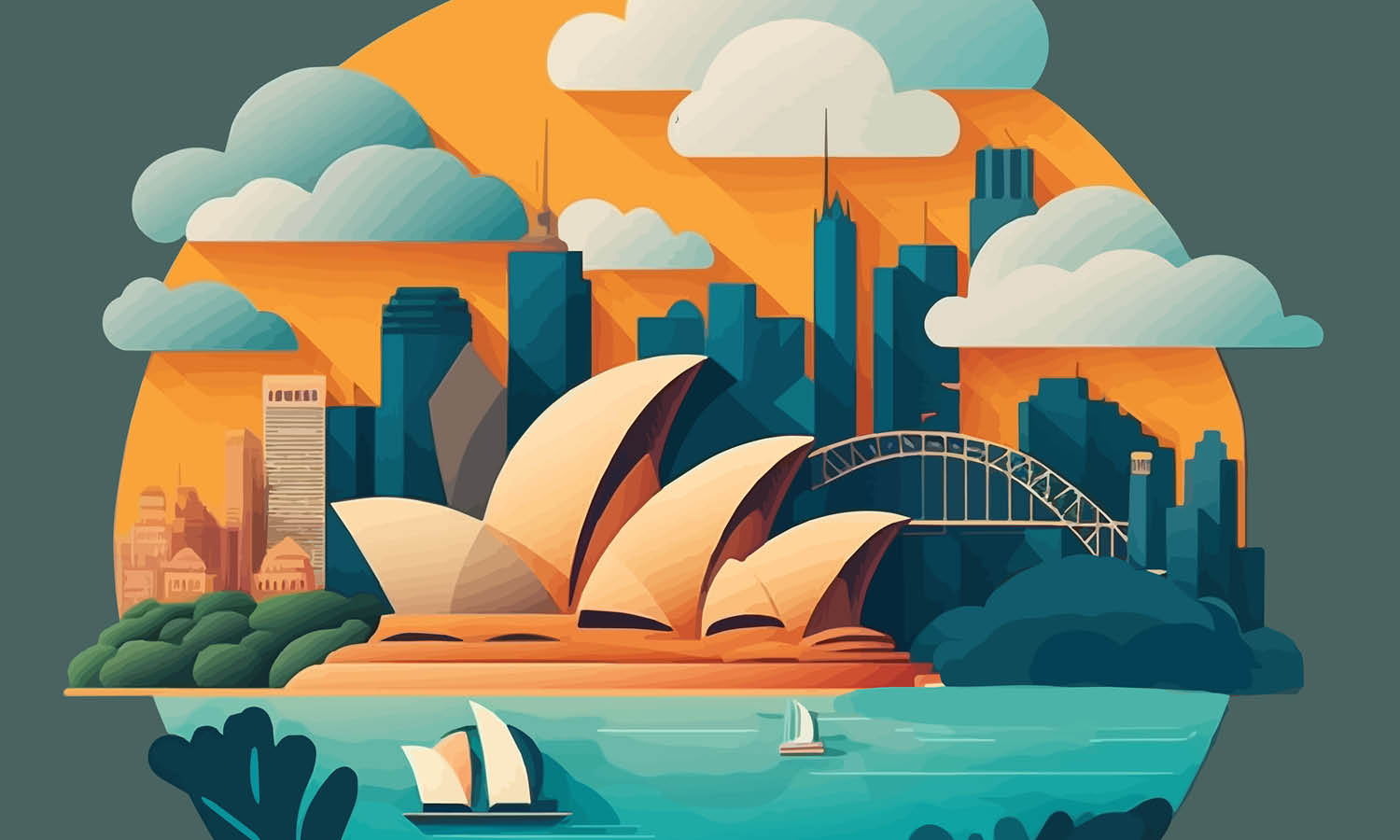 Illustration of Australian landscape, featuring Sydney Opera House