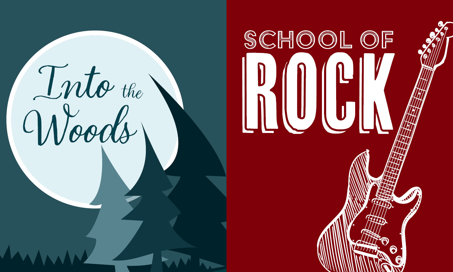 Illustration of moon and forest, text on moon says Into the Woods. Illustration of electric guitar, text says School of Rock