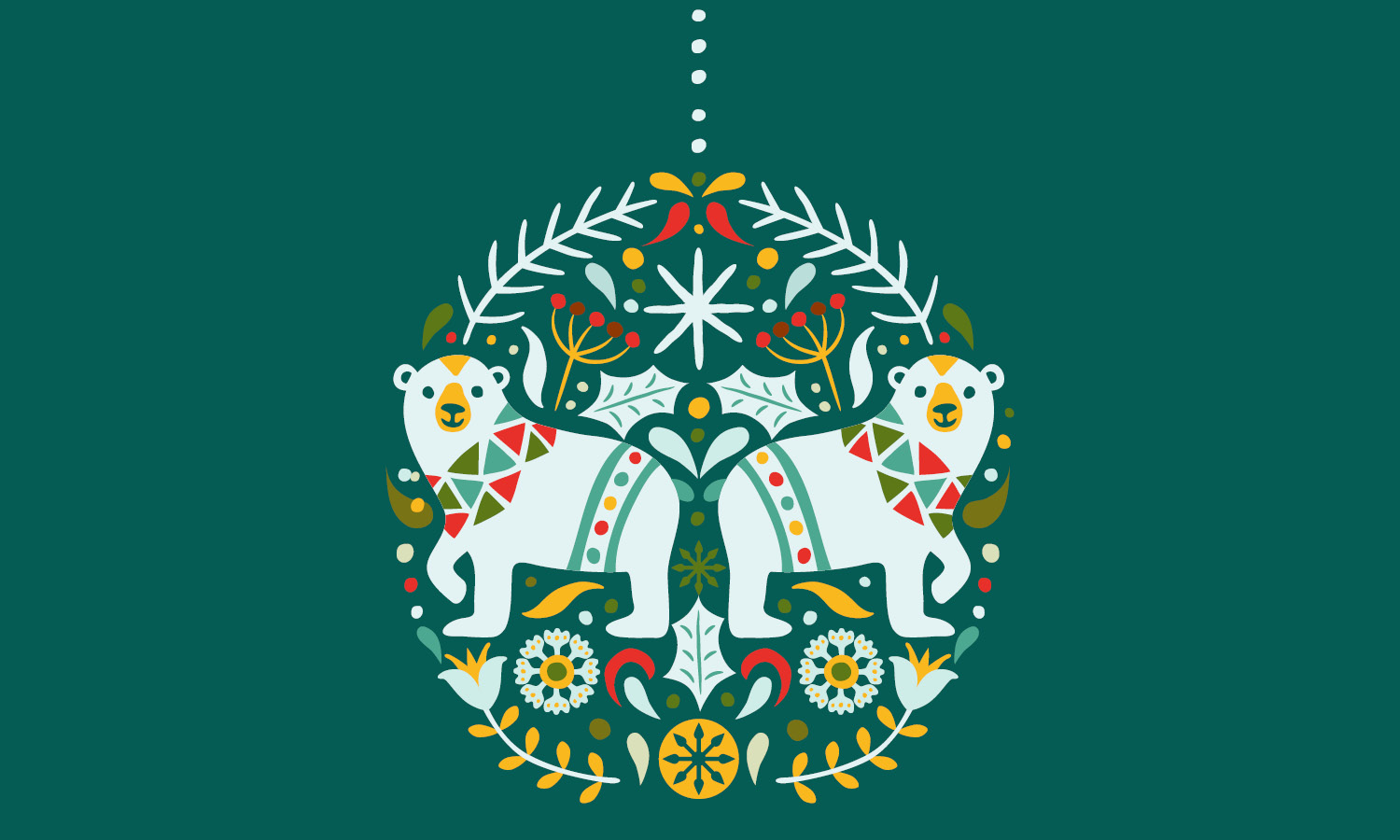 Illustration of ornament with polar bears, holly, and flowers.