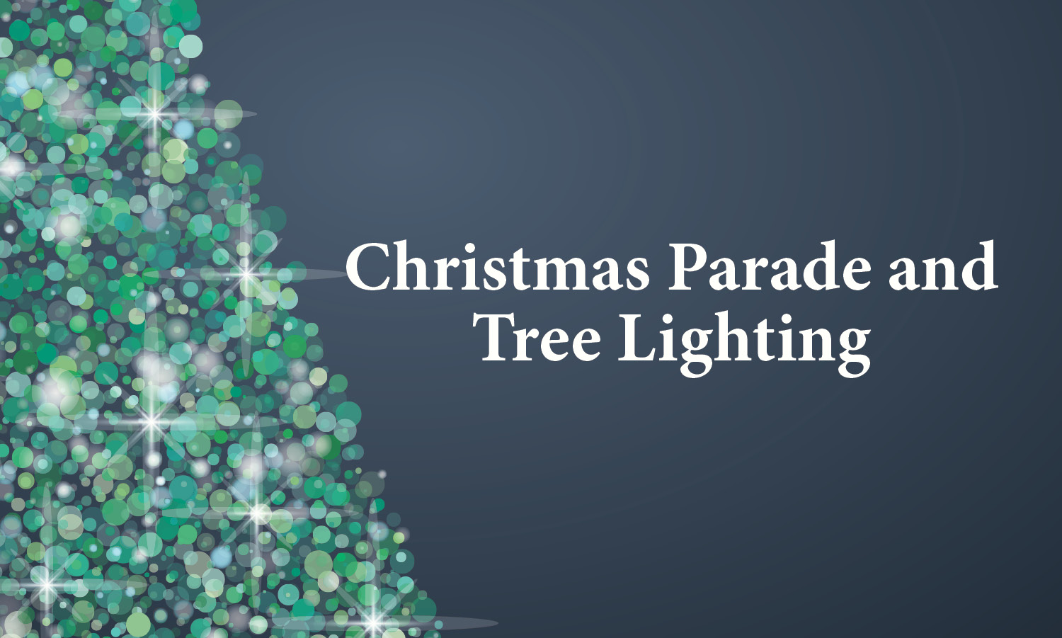 Illustration of abstract Christmas tree. The tree is lit up in shades of green and white against a dark blue/gray background.