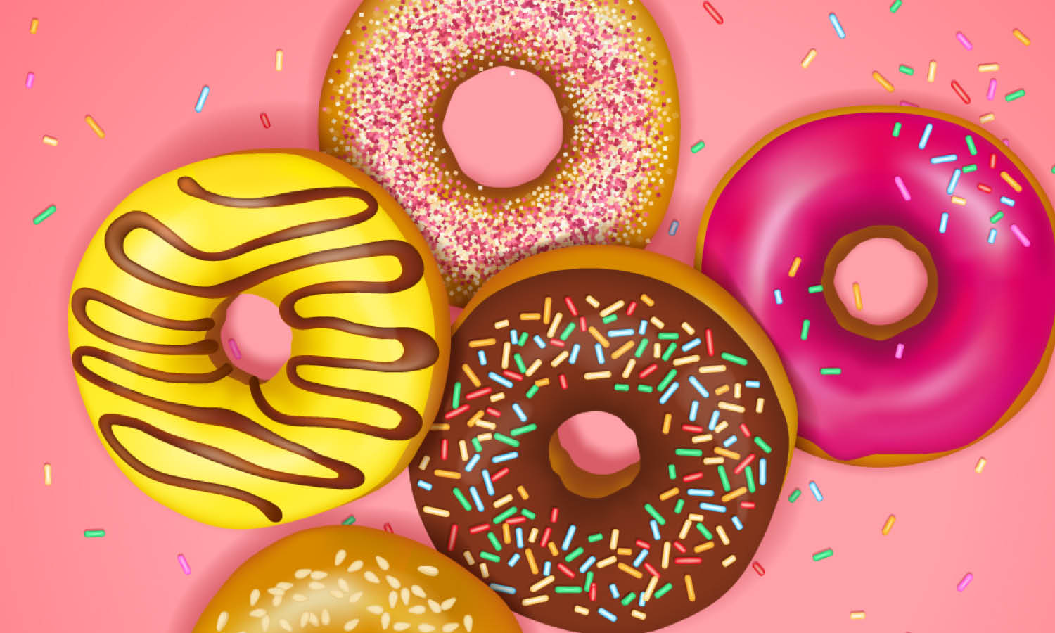 Illustration of colorful donuts on pink background