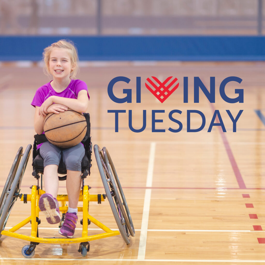 Girl in wheelchair on basketball court. She is smiling and holding a basketball. GivingTuesday logo.