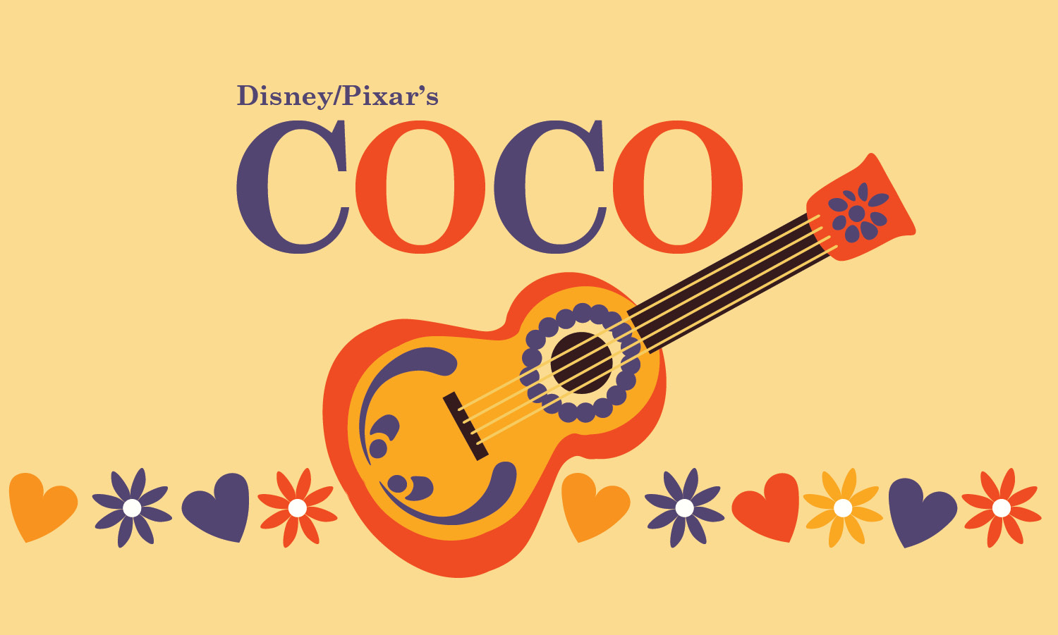Ad for Movie Under the Stars. Headline text: Disney/Pixar's Coco. Illustration of a guitar in the center of the image. Border along the bottom of the image are illustrations of flowers and hearts.