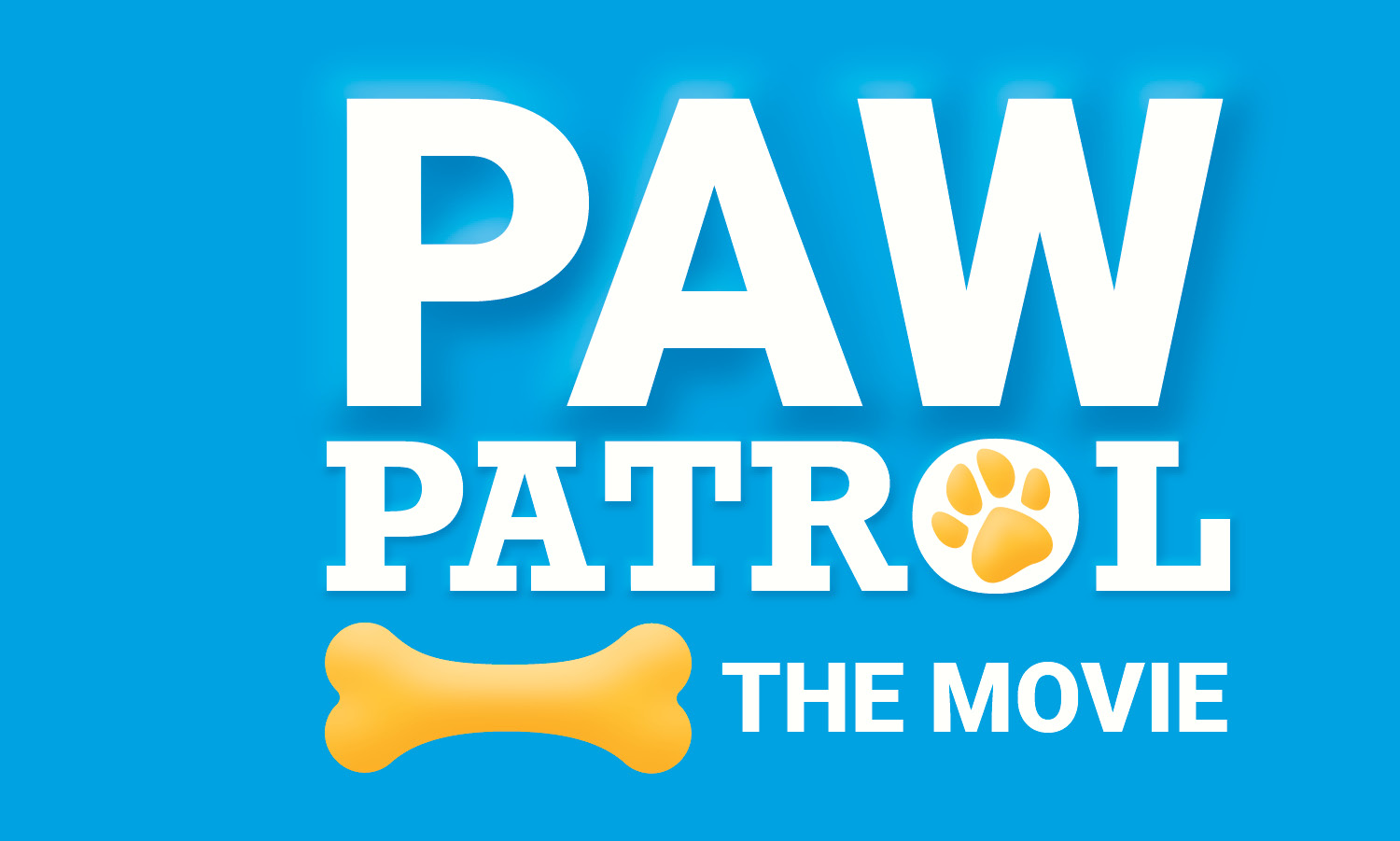 Blue background with white text that says, "Paw Patrol the Movie." An illustration of a yellow paw print is in the letter o in Patrol. And an illustration of a yellow dog bone is near the bottom of the text.
